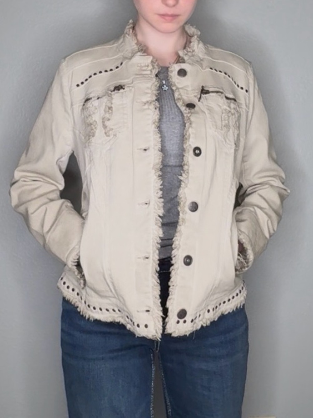Cream Denim Jacket with Distressed Trim